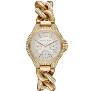 Michael Kors Mini Camille gold watch with silver dial, crystal pavé bezel, and gold curb-link strap