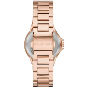 Caseback of Michael Kors Camille watch showing stainless steel case with engraved branding