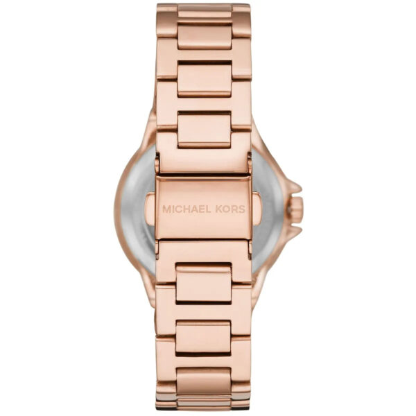 Caseback of Michael Kors Camille watch showing stainless steel case with engraved branding