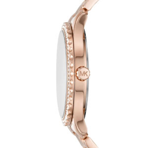 Michael Kors Layton watch case side view with crystal bezel and MK logo detail