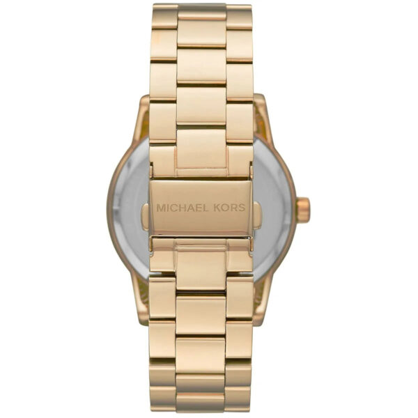 Michael Kors Ritz MK6862 caseback showing gold-tone stainless steel bracelet and engraved case