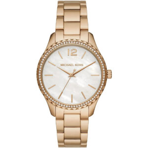 Michael Kors Layton white mother-of-pearl dial gold-tone watch with crystal bezel