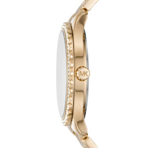 Michael Kors Layton watch profile showing crystal bezel, case thickness, and crown detail