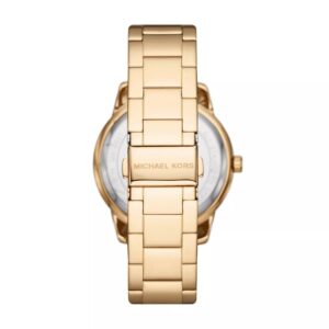 Back view of Michael Kors Tibby watch showing gold-tone metal bracelet and caseback