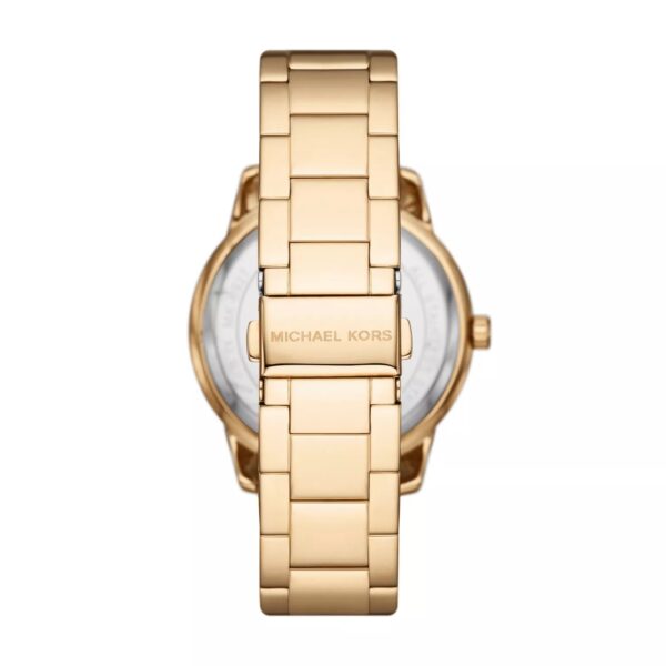 Back view of Michael Kors Tibby watch showing gold-tone metal bracelet and caseback