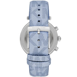 Michael Kors Parker watch side view showing blue leather strap and case profile