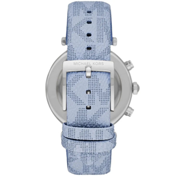Michael Kors Parker watch side view showing blue leather strap and case profile