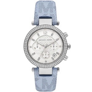 Michael Kors Parker chronograph watch with white dial and blue leather strap