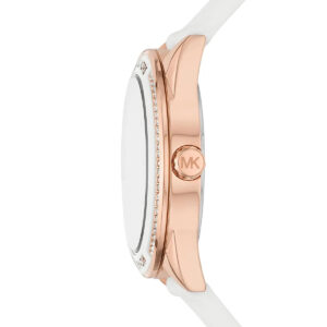 Side profile of MK6945 showing rose gold case and white silicone strap with Michael Kors branding