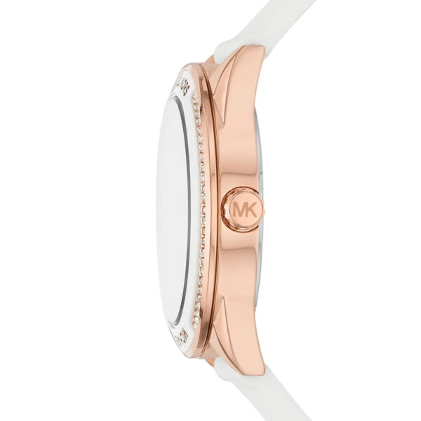 Side profile of MK6945 showing rose gold case and white silicone strap with Michael Kors branding