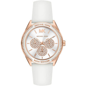 Michael Kors MK6945 women's watch with white dial, rose gold case, crystal elements and white silicone strap