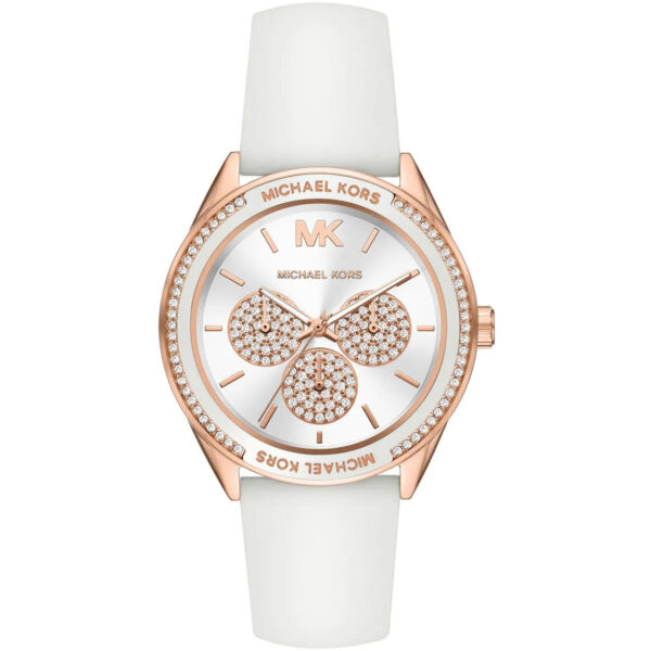 Michael Kors MK6945 women's watch with white dial, rose gold case, crystal elements and white silicone strap