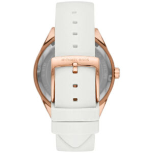 Caseback view of MK6945 with white silicone strap, rose gold case and Michael Kors engraved buckle
