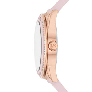 Side profile of Michael Kors MK6946 watch showing rose gold case and pink silicone strap