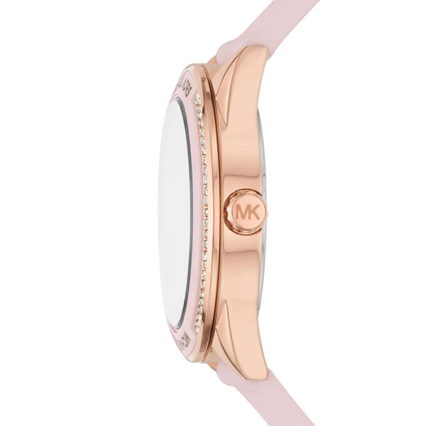 Side profile of Michael Kors MK6946 watch showing rose gold case and pink silicone strap