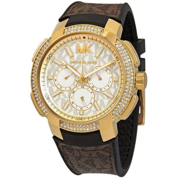 Michael Kors Sidney MK6948 women's watch displayed at angle showing chronograph subdials and leather strap detail