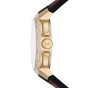 Michael Kors Sidney MK6948 women's watch flat lay showing full watch and MK logo strap detail