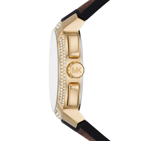 Michael Kors Sidney MK6948 women's watch flat lay showing full watch and MK logo strap detail