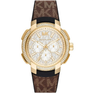 Michael Kors Sidney MK6948 women's chronograph watch with white dial, gold-tone case, crystal bezel, and brown leather strap