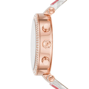 Side view of Michael Kors Parker watch showing rose gold case profile with crystal bezel and strap