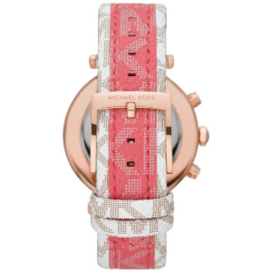 Back side view of Michael Kors Parker watch with rose gold case and pink patterned strap
