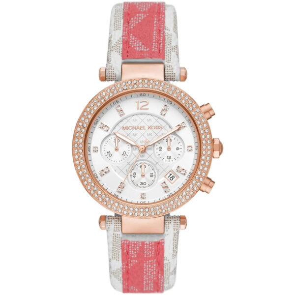 Michael Kors Parker chronograph watch with white dial, rose gold case, and tea rose PVC strap