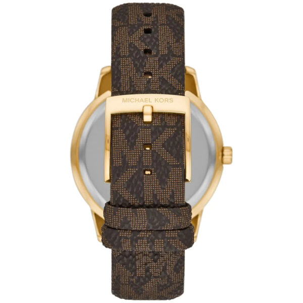 Michael Kors Tibby watch caseback view showing gold-tone case and brown patterned leather strap