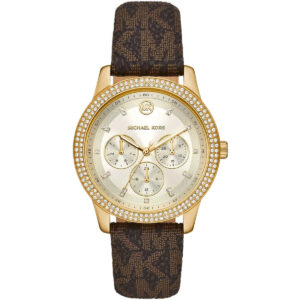 Michael Kors Tibby gold-tone multifunction women's watch with white dial and brown logo leather strap