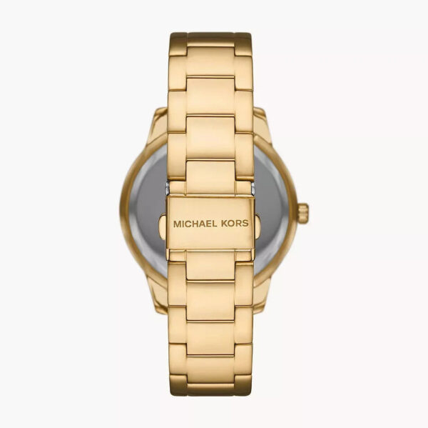 Case back view of Michael Kors Tibby watch showing gold-tone stainless steel bracelet and case