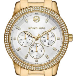 Michael Kors Tibby gold multifunction watch with silver sunray dial, crystal bezel, and gold bracelet