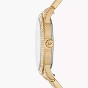 Side profile of Michael Kors Tibby watch showing gold case, crystal-set bezel, and link bracelet
