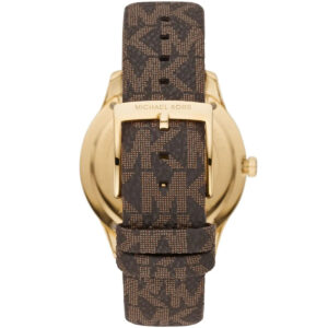 Brown coated canvas strap of Michael Kors Runway Dive watch with gold buckle and MK branding