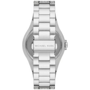 Michael Kors Lennox Pavé watch caseback with logo and crystal-set stainless steel bracelet
