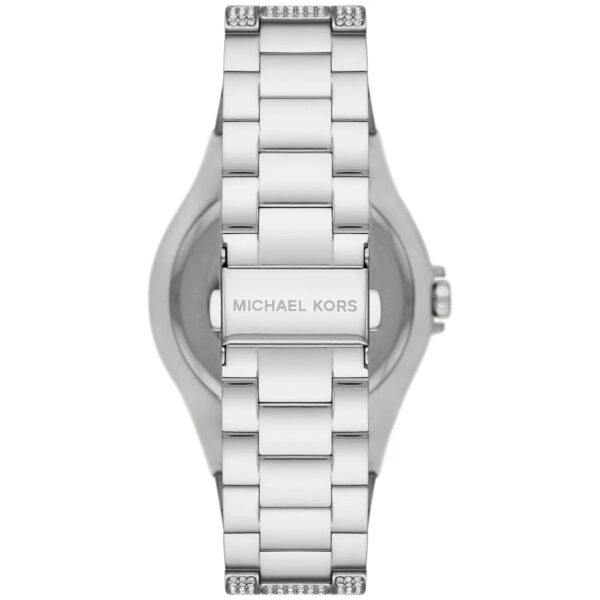 Michael Kors Lennox Pavé watch caseback with logo and crystal-set stainless steel bracelet