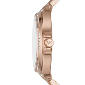 Michael Kors Lennox side profile showing crystal-embellished rose gold case and MK logo on bracelet
