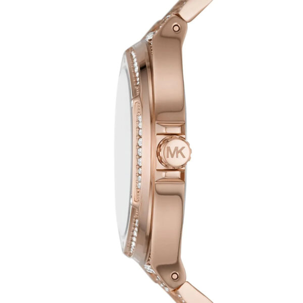 Michael Kors Lennox side profile showing crystal-embellished rose gold case and MK logo on bracelet