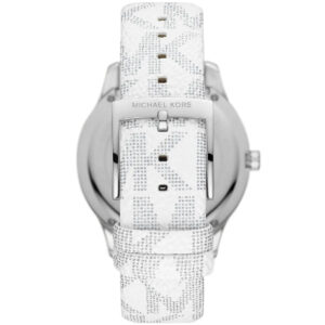 Michael Kors Runway watch caseback displaying silver-tone case and white patterned strap underside