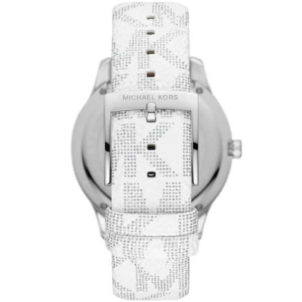 Michael Kors Runway watch caseback displaying silver-tone case and white patterned strap underside
