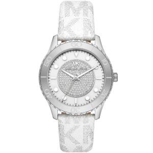 Michael Kors Runway oversized silver-tone watch with pavé crystal dial and white patterned strap