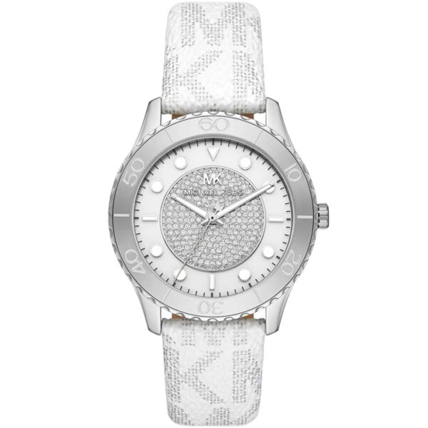 Michael Kors Runway oversized silver-tone watch with pavé crystal dial and white patterned strap