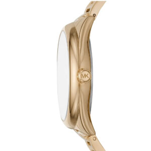 Michael Kors Janelle watch side profile showing case thickness and MK logo on bracelet
