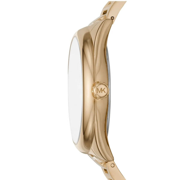 Michael Kors Janelle watch side profile showing case thickness and MK logo on bracelet