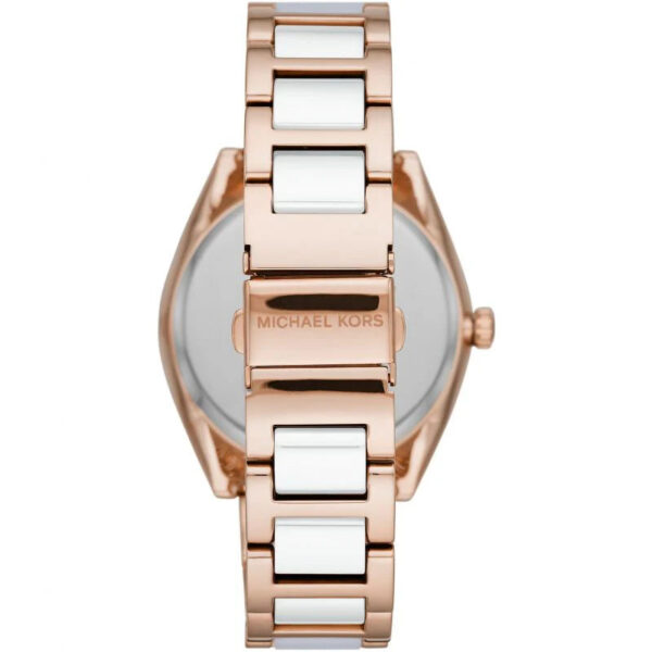 Caseback view of Michael Kors Janelle watch with rose gold and white acetate strap
