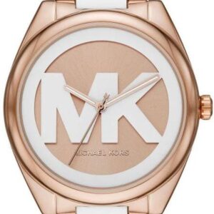 Michael Kors Janelle rose gold women's watch with white acetate strap and MK logo dial