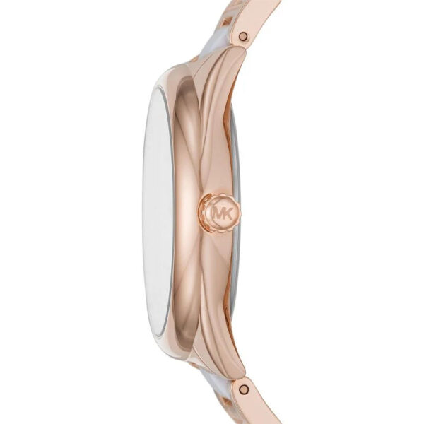 Side profile of Michael Kors Janelle watch showing rose gold and white acetate band