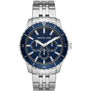 Michael Kors Cunningham multifunction watch with blue dial, silver stainless steel case and bracelet
