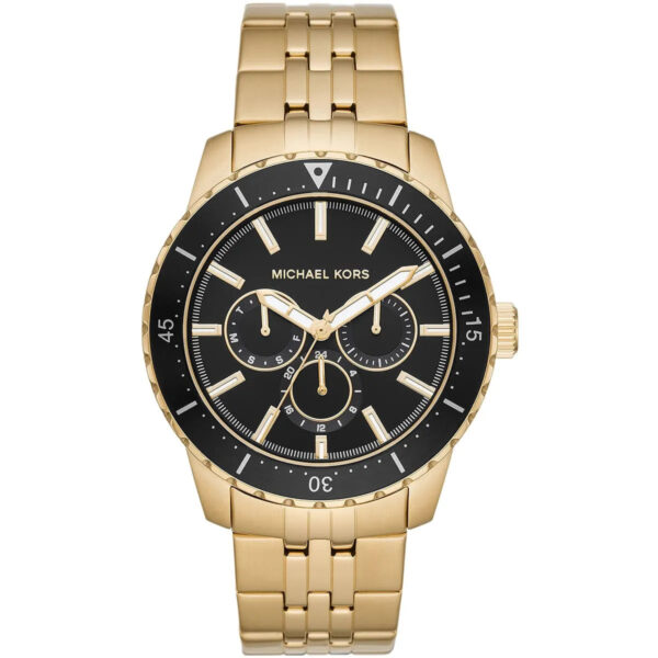 Michael Kors Cunningham men's watch with black dial, chronograph subdials, and gold-tone stainless steel bracelet