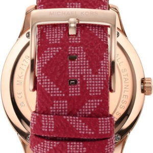 Michael Kors MK7179 caseback view showing red patterned canvas strap and rose-gold lugs