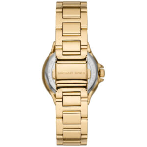 Michael Kors Camille MK7196 caseback view showing gold-tone stainless steel case and bracelet