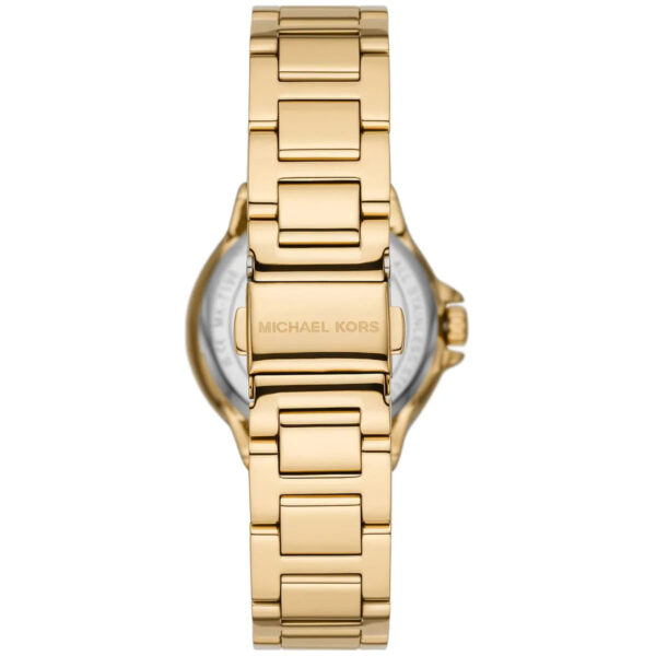 Michael Kors Camille MK7196 caseback view showing gold-tone stainless steel case and bracelet